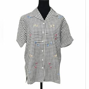 Vintage Classic Elements Black White Gingham Embroidered Button Down Shirt, M